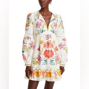 Farm Rio Insects Floral Flowers White Mini Dress Long Sleeve XS